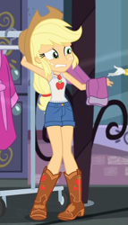 Size: 499x875 | Tagged: safe, imported from derpibooru, screencap, applejack, human, equestria girls, equestria girls series, street chic, spoiler:eqg series (season 2), armpits, bare shoulders, clothes, cold, female, pants, sleeveless
