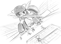 Size: 1048x763 | Tagged: safe, artist:alloyrabbit, imported from derpibooru, rainbow dash, pony, :3, cheating, giant pony, helmet, hockey, hockey stick, ice skates, ice skating, knee pads, looking down, macro, macro/micro, micro, mouth hold, oh shit, skates, sports, stadium, this is going to hurt