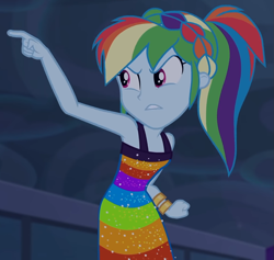 Size: 1013x959 | Tagged: safe, imported from derpibooru, screencap, rainbow dash, human, equestria girls, equestria girls series, spring breakdown, spoiler:eqg series (season 2), bare shoulders, clothes, cloud, cloudy, dress, female, pointing, ponytail, sleeveless, solo