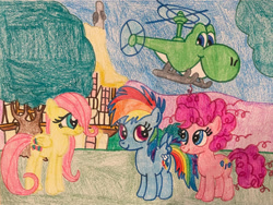 Size: 1280x963 | Tagged: safe, artist:justinvaldecanas, imported from derpibooru, part of a set, fluttershy, pinkie pie, rainbow dash, dinosaur, earth pony, pegasus, pony, yoshi, crossover, female, filly, filly fluttershy, filly pinkie pie, filly rainbow dash, group, helicopter, part of a series, ponyville, quartet, story included, super mario bros., traditional art, transformation, younger