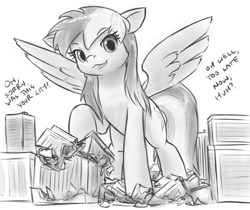 Size: 816x687 | Tagged: safe, artist:alloyrabbit, imported from derpibooru, rainbow dash, pony, :3, city, crush fetish, crushing, destruction, dialogue, evil, fangs, fetish, giant pony, grayscale, looking at you, macro, macro/micro, micro, monochrome, simple background, spread wings, white background, wings