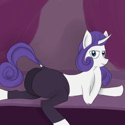 Size: 2690x2690 | Tagged: safe, artist:tavibird, derpibooru exclusive, imported from derpibooru, rarity, pony, butt, clothes, looking at you, pants, plot, simple background, solo, stage, yoga pants
