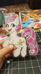 Size: 5312x2988 | Tagged: safe, artist:inkkeystudios, imported from derpibooru, oc, oc only, pony, unicorn, badge, happy, open mouth, open smile, paper pony, photo, smiling, solo, traditional art