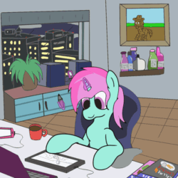 Size: 560x560 | Tagged: safe, artist:amateur-draw, imported from derpibooru, oc, oc only, oc:belle boue, pony, unicorn, animated, gif, mud, solo, tablet