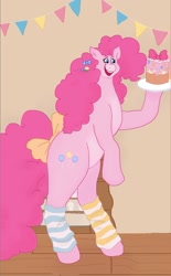 Size: 1099x1777 | Tagged: safe, artist:cactusmanya, imported from derpibooru, pinkie pie, earth pony, pony, cake, clothes, female, food, mare, small head, socks, solo