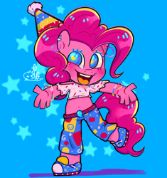 Size: 1280x1364 | Tagged: safe, artist:lilpinkghost, imported from derpibooru, pinkie pie, anthro, earth pony, belly button, belt, blue background, blushing, bra, clothes, crop top bra, hat, needs more saturation, party hat, signature, simple background, solo, underwear