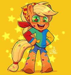 Size: 1280x1364 | Tagged: safe, artist:lilpinkghost, imported from derpibooru, applejack, anthro, earth pony, unguligrade anthro, clothes, hand on hip, heart, leaf, needs more saturation, rainbow, simple background, stars, yellow background