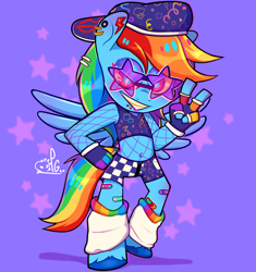Size: 1280x1364 | Tagged: safe, artist:lilpinkghost, imported from derpibooru, rainbow dash, anthro, pegasus, unguligrade anthro, chibi, clothes, ear piercing, earring, eyestrain warning, fishnets, grin, hat, jewelry, leg warmers, lip piercing, midriff, peace sign, piercing, shorts, smiling, stars, sunglasses