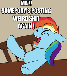 Size: 1196x1354 | Tagged: safe, artist:whiskeypanda, imported from derpibooru, rainbow dash, pegasus, pony, chair, doodle, drawthread, female, impact font, mare, meme, ponified meme, screaming, vulgar