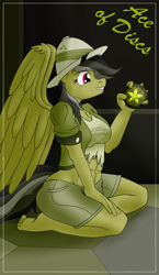 Size: 1100x1900 | Tagged: safe, artist:sixes&sevens, imported from derpibooru, daring do, anthro, pegasus, plantigrade anthro, abs, ace of discs, barefoot, clothes, explicit source, feet, female, glowing, hat, kneeling, medallion, minor arcana, multiple variants, pith helmet, shorts, smiling, solo, tarot card, torn clothes
