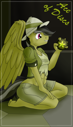 Size: 1100x1900 | Tagged: safe, alternate version, artist:sixes&sevens, imported from derpibooru, daring do, anthro, pegasus, plantigrade anthro, abs, ace of discs, barefoot, clothes, dashing do, explicit source, feet, glowing, hat, kneeling, male, medallion, minor arcana, multiple variants, pith helmet, rule 63, smiling, solo, tarot card, torn clothes