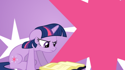 Size: 1920x1080 | Tagged: safe, artist:mlpwallpapermaker, imported from derpibooru, twilight sparkle, pony, unicorn, book, cutie mark, female, floppy ears, focused, frown, mare, purple background, reading, simple background, solo, unicorn twilight, wallpaper