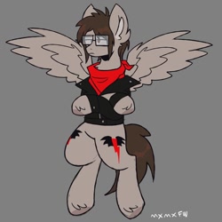 Size: 680x680 | Tagged: safe, artist:mxmx fw, imported from derpibooru, pegasus, pony, clothes, crossed arms, ear fluff, flying, glasses, gray background, hoof fluff, jacket, male, mikey way, my chemical romance, ponified, scarf, simple background, solo, spread wings, stallion, wings