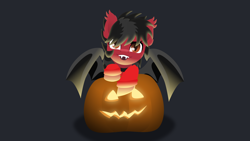 Size: 1920x1080 | Tagged: safe, alternate version, artist:rumista, imported from derpibooru, bat pony, pony, bat wings, clothes, commission, ear flick, ear fluff, fall out boy, fangs, gray background, halloween, holiday, hoodie, jack-o-lantern, looking at you, male, pete wentz, ponified, pumpkin, simple background, slit pupils, solo, stallion, wings, ych result