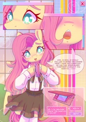 Size: 2480x3508 | Tagged: safe, artist:wavecipher, imported from derpibooru, fluttershy, pegasus, pony, semi-anthro, aesthetics, bronybait, clothes, dress, looking at you, nintendo, nintendo ds, open mouth, smiling, smiling at you, solo, speech bubble, talking, talking to viewer, webcore, white pupils