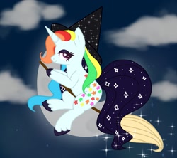 Size: 1325x1176 | Tagged: safe, artist:orcabunnies, imported from derpibooru, oc, oc only, oc:galaxy pop, pony, unicorn, broom, flying, flying broomstick, hat, solo, witch hat