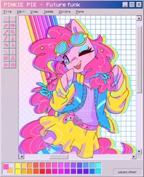 Size: 1589x1944 | Tagged: safe, artist:wavecipher, imported from derpibooru, pinkie pie, earth pony, pony, semi-anthro, aesthetics, clothes, one eye closed, open mouth, smiling, solo, sunglasses, webcore, wink