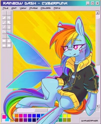 Size: 1589x1944 | Tagged: safe, artist:wavecipher, imported from derpibooru, rainbow dash, pegasus, pony, semi-anthro, aesthetics, clothes, cyberpunk, eyes closed, open mouth, webcore