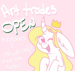Size: 1600x1500 | Tagged: safe, artist:orcabunnies, imported from derpibooru, oc, oc only, oc:rosey mae, hybrid, original species, pony, unicorn, big ears, crown, curved horn, floppy ears, heart, heart eyes, horn, jewelry, long ears, looking at you, one eye closed, open mouth, open smile, rabbit pony, regalia, smiling, solo, wingding eyes, wink, winking at you