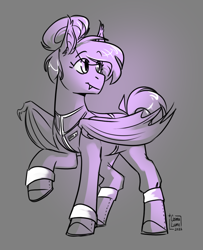 Size: 936x1152 | Tagged: safe, artist:cosmalumi, imported from derpibooru, oc, oc only, oc:selenite, bat pony, pony, bat pony oc, boots, clothes, commission, female, gloves, hair bun, mare, military uniform, monochrome, shoes, solo, tail, tail bun, uniform