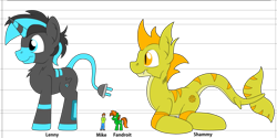 Size: 1261x633 | Tagged: safe, artist:fandroit, imported from derpibooru, oc, oc only, oc:fandroit, oc:lenny light, oc:mike, oc:shammy, monster pony, pony, unicorn, blue eyes, horn, looking to the left, macro, macro/micro, micro, side view, simple background, size comparison, size difference, slit pupils, transparent background, unicorn oc, yellow coat, yellow eyes