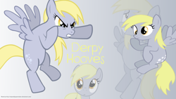 Size: 1920x1080 | Tagged: safe, artist:mlpwallpapermaker, imported from derpibooru, derpy hooves, pegasus, pony, angry, female, gradient background, looking at you, mare, name, solo, spread wings, thinking, wallpaper, watermark, wings