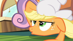 Size: 1920x1080 | Tagged: safe, edit, edited screencap, imported from derpibooru, screencap, applejack, sweetie belle, pony, games ponies play, age difference, appleseat, female, filly, filly on mare, foal, implied sweetiejack, lesbian, mare, shipping, sitting on person, sweat, sweetie butt, sweetiejack, wingding eyes