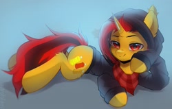 Size: 2835x1808 | Tagged: safe, artist:astralblues, imported from derpibooru, oc, oc only, oc:selest light, pony, unicorn, clothes, commission, ear fluff, hood up, hoodie, horn, leg fluff, looking at you, lying down, on side, scarf, solo