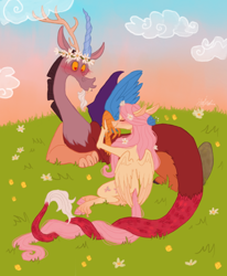 Size: 540x655 | Tagged: safe, artist:heebiejeebies, imported from derpibooru, discord, fluttershy, pony, blushing, cloud, discoshy, female, floral head wreath, flower, flower in hair, hand kiss, heart, heart eyes, long tail, male, meadow, shipping, sky, straight, tail, wingding eyes