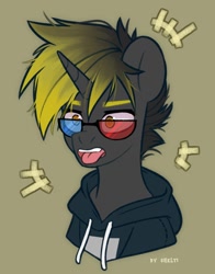 Size: 943x1200 | Tagged: safe, artist:shelti, imported from derpibooru, oc, oc only, pony, unicorn, 3d glasses, bust, clothes, colored pupils, commission, gradient mane, hoodie, horn, male, open mouth, simple background, solo, stallion, tongue out, yellow background