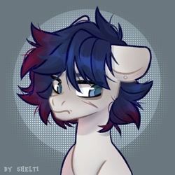 Size: 1000x1000 | Tagged: safe, artist:shelti, imported from derpibooru, oc, oc only, pony, abstract background, bust, colored pupils, commission, ear piercing, earring, floppy ears, frown, jewelry, looking back, male, piercing, scar, solo, stallion