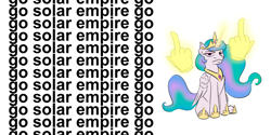 Size: 5000x2500 | Tagged: safe, artist:oldman, imported from derpibooru, princess celestia, alicorn, pony, derpibooru civil war, meme, middle finger, simple background, solo, vulgar, white background