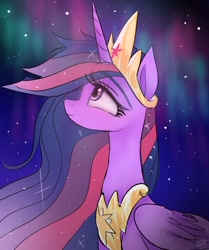 Size: 1714x2048 | Tagged: safe, artist:petaltwinkle, imported from derpibooru, twilight sparkle, alicorn, aurora borealis, looking up, older twilight sparkle (alicorn), solo, stars, twilight sparkle (alicorn)