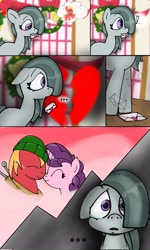 Size: 1229x2048 | Tagged: safe, artist:funnyk16, imported from derpibooru, big macintosh, marble pie, sugar belle, earth pony, pony, unicorn, comic, female, heartbreak, heartbroken marble, male, scene interpretation, shipping, straight, sugarmac, trio