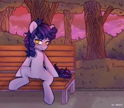 Size: 2300x2000 | Tagged: safe, artist:shelti, imported from derpibooru, oc, oc only, earth pony, bench, bush, colored pupils, commission, featureless crotch, looking at you, outdoors, sitting, sky, smiling, solo, tree