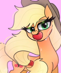 Size: 1714x2048 | Tagged: safe, artist:petaltwinkle, imported from derpibooru, applejack, earth pony, pony, apple, food, mouth hold, solo, stupid sexy applejack