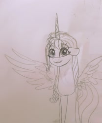 Size: 1702x2048 | Tagged: safe, artist:petaltwinkle, imported from derpibooru, sunny starscout, alicorn, pony, doodle, g5, monochrome, race swap, solo, sunnycorn, traditional art