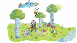 Size: 4096x2304 | Tagged: safe, artist:sugarfrogg_, imported from derpibooru, derpy hooves, rainbow dash, pegasus, pony, wolf, crossover, explosives, flying, genshin impact, gir, invader zim, minecraft, pickaxe, razor (genshin impact), tnt