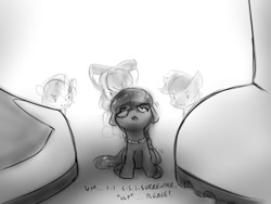 Size: 982x740 | Tagged: safe, artist:alloyrabbit, imported from derpibooru, apple bloom, scootaloo, silver spoon, sweetie belle, >:3, fearful, glasses, gulp, implied applejack, implied rainbow dash, jewelry, looking down, looking up, macro, macro/micro, mega giant, micro, necklace, nervous, open mouth, pearl necklace, pinpoint eyes, scared, shaking, simple background, stuttering, surrender, swallow, white background, you dun goofed