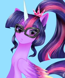 Size: 1714x2048 | Tagged: safe, artist:petaltwinkle, imported from derpibooru, sci-twi, twilight sparkle, alicorn, pony, blue background, cyan background, glasses, ponytail, simple background, solo, twilight sparkle (alicorn)