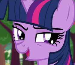 Size: 441x382 | Tagged: safe, imported from derpibooru, screencap, twilight sparkle, alicorn, pony, bats!, season 4, animated, apple, apple tree, close-up, cropped, dreamworks face, female, gif, mare, solo, the dreamworks face, tree, twilight sparkle (alicorn)