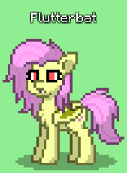 Size: 588x804 | Tagged: safe, imported from derpibooru, fluttershy, bat pony, pony, raccoon, pony town, bat ponified, flutterbat, green background, pixel art, race swap, red eyes, simple background, solo