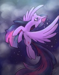 Size: 1074x1368 | Tagged: safe, artist:petaltwinkle, imported from derpibooru, twilight sparkle, alicorn, pony, cloud, flying, sky, solo, stars, twilight sparkle (alicorn)
