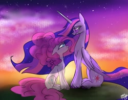 Size: 1368x1074 | Tagged: safe, artist:petaltwinkle, imported from derpibooru, pinkie pie, twilight sparkle, alicorn, pony, duo, immortality blues, older, older twilight, older twilight sparkle (alicorn), spirit, twilight sparkle (alicorn)