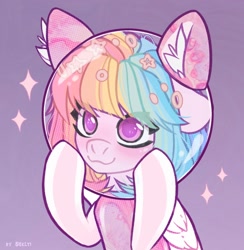 Size: 1950x2000 | Tagged: safe, artist:shelti, imported from derpibooru, oc, oc only, pegasus, :3, blushing, colored pupils, commission, ear fluff, ears back, female, folded wings, half body, happy, helmet, lungs, mare, organs, purple background, simple background, smiling, solo, stars, wings