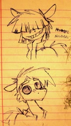 Size: 668x1176 | Tagged: safe, artist:artflicker, imported from derpibooru, earth pony, pony, duo, gorillaz, hair over eyes, male, ponified, sketch, stallion, traditional art