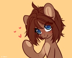 Size: 2500x2000 | Tagged: safe, artist:shelti, imported from derpibooru, oc, oc only, oc:owl, blushing, bust, colored pupils, countershading, female, happy, heart, hoof heart, looking at you, mare, simple background, smiling, solo, underhoof, waving, yellow background