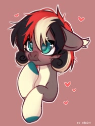 Size: 1382x1836 | Tagged: safe, artist:shelti, imported from derpibooru, oc, oc only, earth pony, pony, blushing, bust, coat markings, colored hooves, colored pupils, countershading, ear fluff, embarrassed, female, floppy ears, heart, mare, outline, pink background, raised hoof, request, simple background, socks (coat markings), solo, white outline