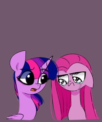 Size: 1714x2048 | Tagged: safe, artist:petaltwinkle, imported from derpibooru, pinkie pie, twilight sparkle, alicorn, pony, crying, duo, floppy ears, gray background, pinkamena diane pie, simple background, twilight sparkle (alicorn)
