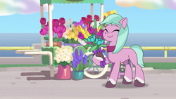 Size: 1920x1080 | Tagged: safe, edit, edited screencap, imported from derpibooru, screencap, earth pony, pony, spoiler:g5, spoiler:my little pony: tell your tale, spoiler:tyts01e16, coat markings, dahlia, dexterous hooves, eyes closed, female, flower, g5, hoof hold, mare, my little pony: tell your tale, neighfever, smiling, socks (coat markings), solo
